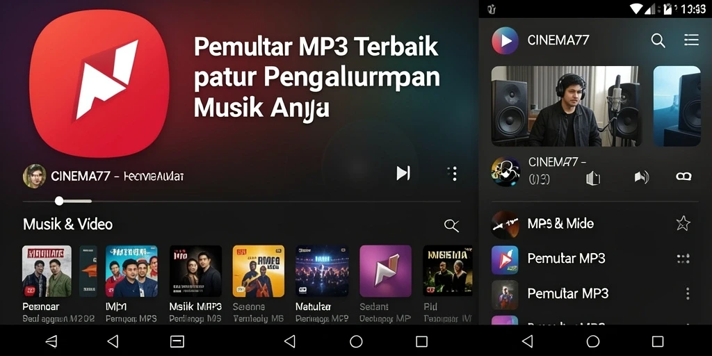 Antarmuka modern CINEMA77 dengan fitur Pemutar MP3 yang intuitif.
