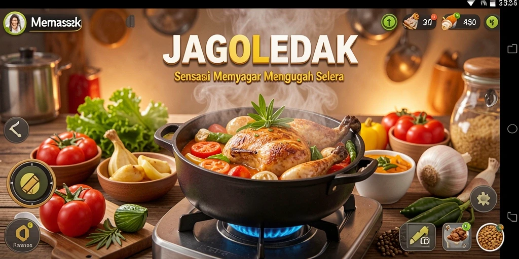Antarmuka utama JAGOLEDAK menampilkan aksi memasak yang seru dan interaktif.