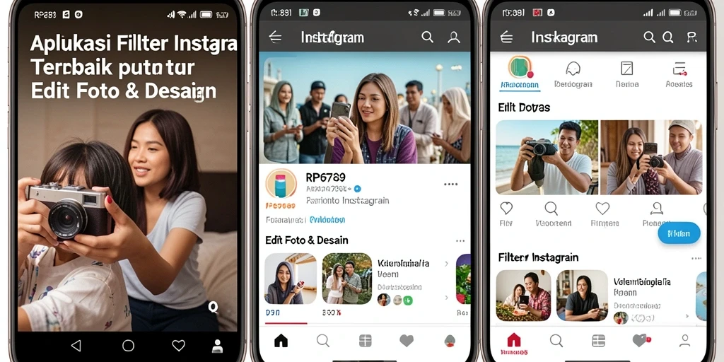 Tampilan antarmuka aplikasi RP6789 dengan fitur filter Instagram.